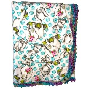 Crocheted Edge Flannel Baby Receiving Blanket & Burp Cloth Set Elephants